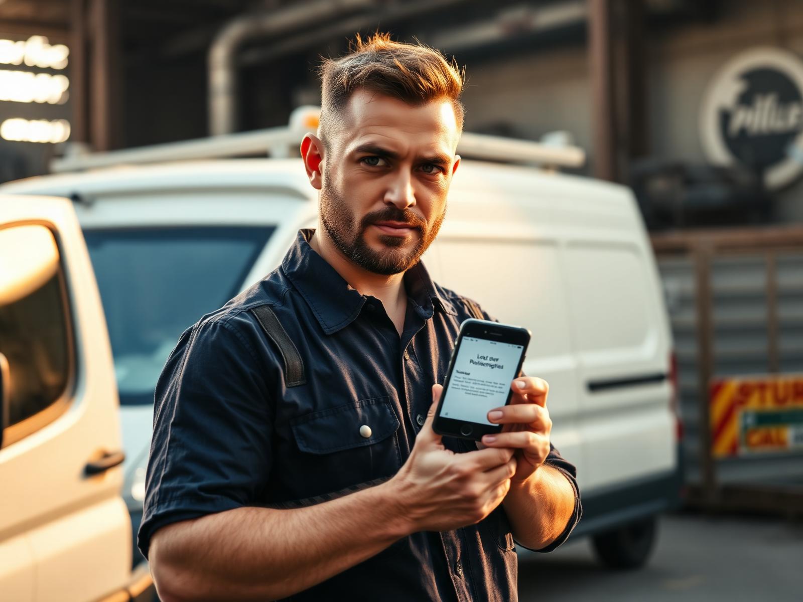 A plumber standing beside his work van, holding a phone showing his new website
